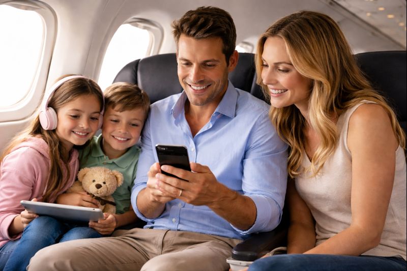 A family travelling on a plane. The man uses phone to book a minivan private transfer.